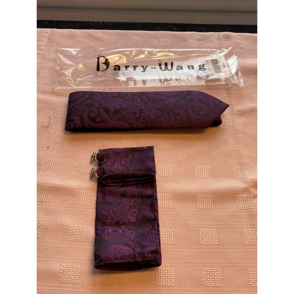 Barry Wang Four pc Matching Necktie / Pocket Square / 2 Cufflinks, Brand New - Picture 4 of 14